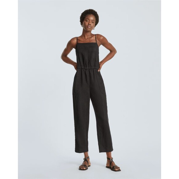 NEW Everlane Black Linen Shoestring Jumpsuit Pockets Elastic Waist Size XXS - Picture 1 of 12
